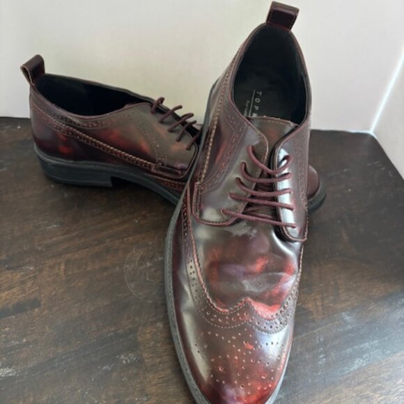 Topman New Distressed Burgundy Leather Lug Sole Wingtip Baron Brogue Shoes 13 - Picture 1 of 7